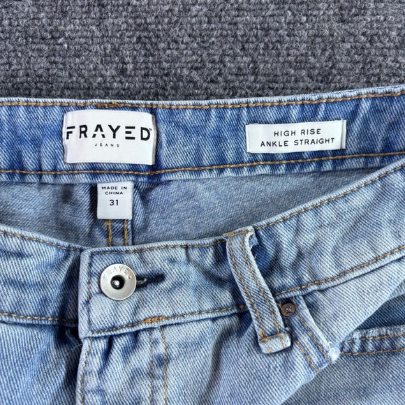 Frayed Jeans Ankle Straight Women 31 Light Wash Two Tone Distressed High Rise - Picture 3 of 9